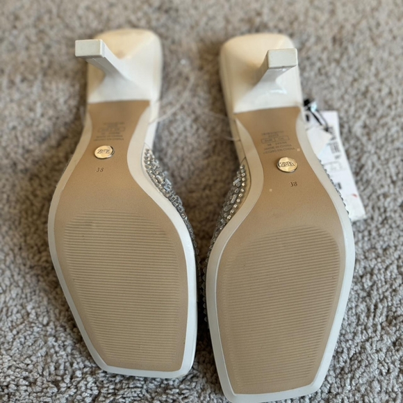 Zara White and Cream Rhinestone Vinyl Square-toe Heeled Sandals - Picture 4 of 8